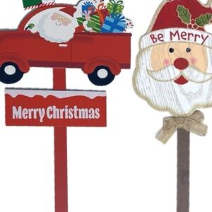 Santa & Vintage Red Truck Clause Merry Christmas Yard Garden Stakes